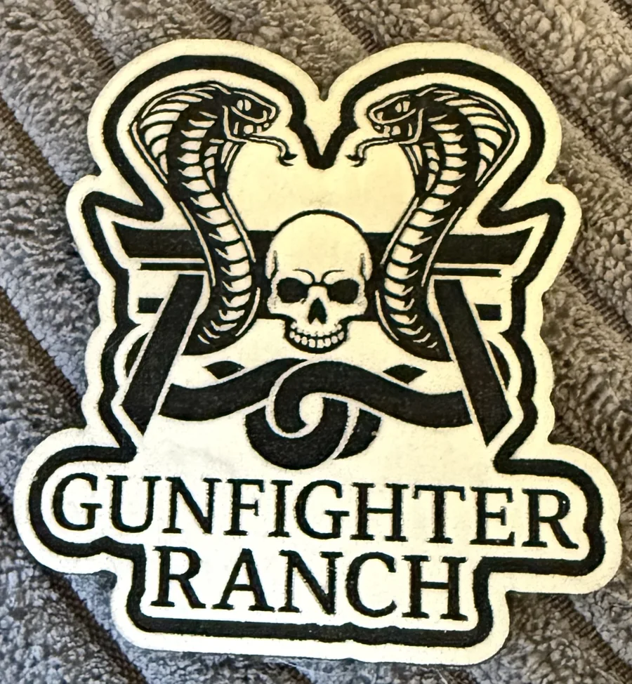 Close view of a detailed Gunfighter Ranch leatherette patch